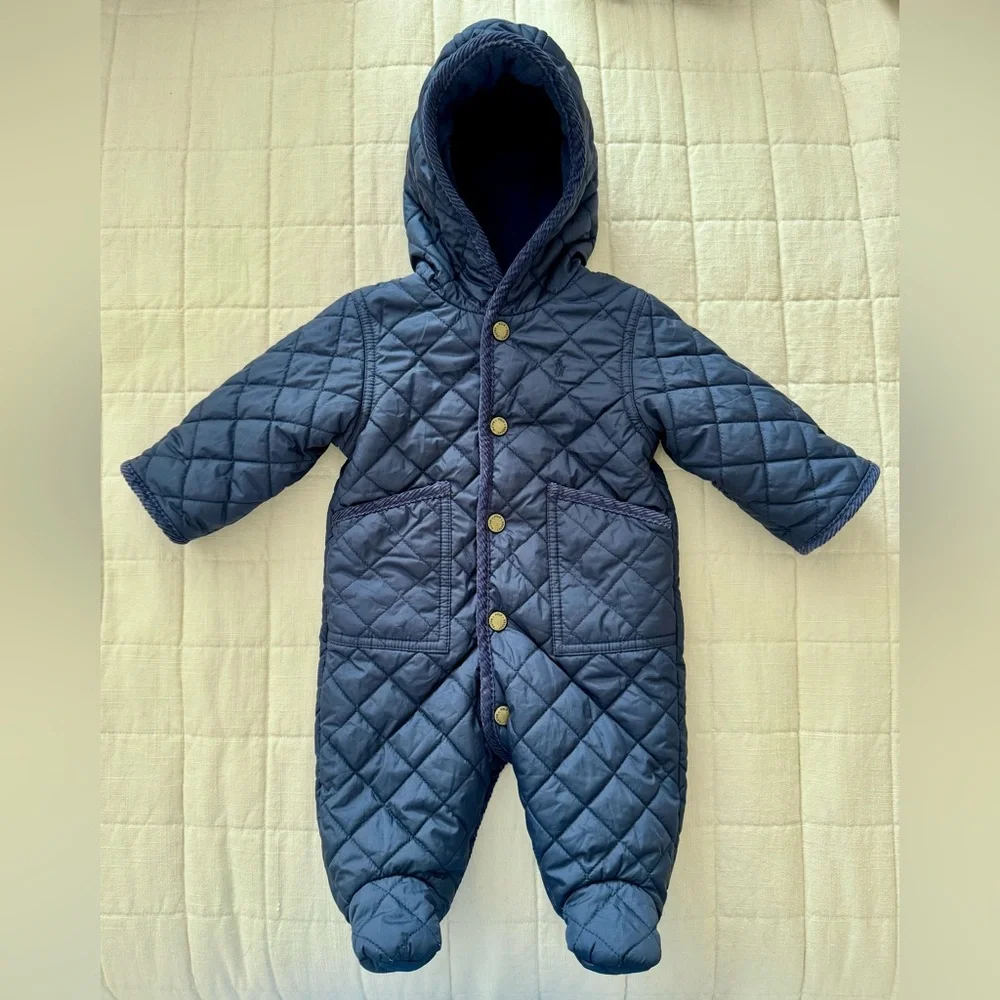 Ralph Lauren Hooded Barn Bunting Baby Quilted Snow Suit Navy 3 month